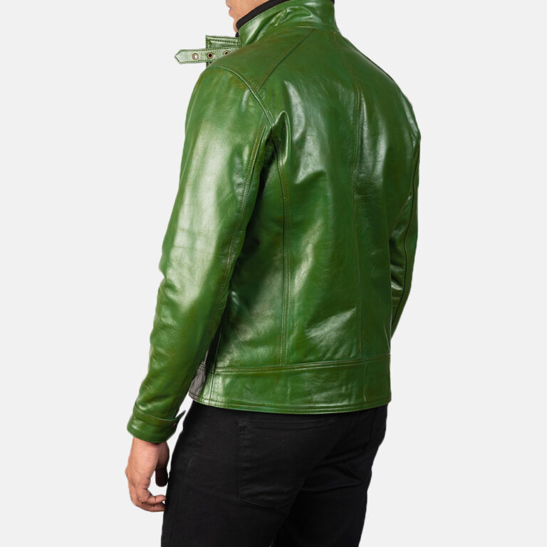 Mens Darren Distressed Green Leather Biker Jacket6141-8-1568636903142